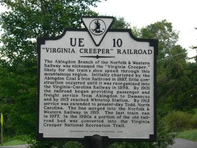 History
The Creeper Trail is crossed by the world renowned Appalachian Trail near Damascus, VA., a well known AT town made up of locals and Thru hikers that could not forget it. 
